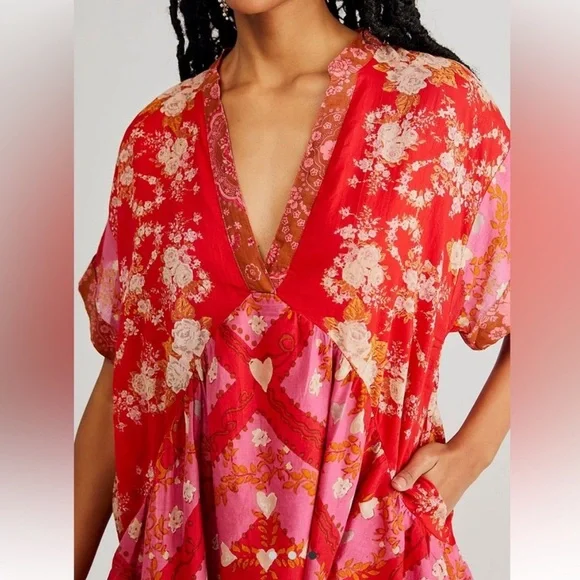 Free People Agnes Printed Mini Dress in Red/Pink - Picture 3 of 8